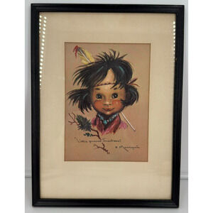 Little Princess Snowflake Print Signed Monteague 1964 Vintage Framed Art